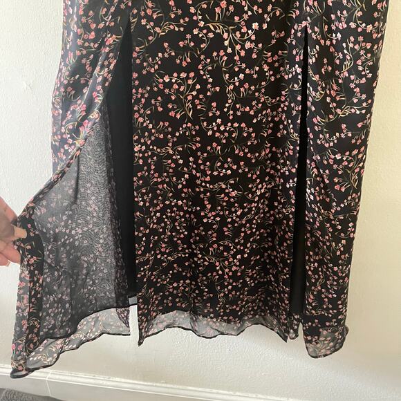 Nicholas Floral Print Silk Midi Dress Womens 4 Black Sleeveless Splits Cocktail - Picture 4 of 12